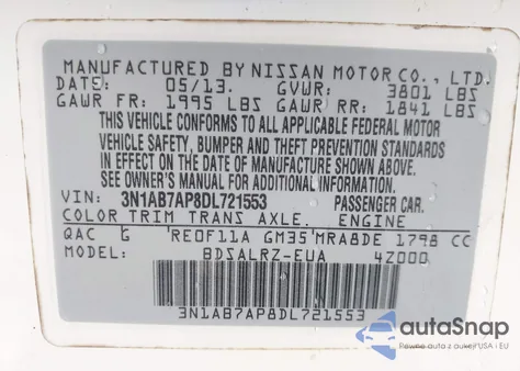 2013 Nissan Sentra Sr z USA, uszkodzony, nr VIN 3N1AB7AP8DL721553